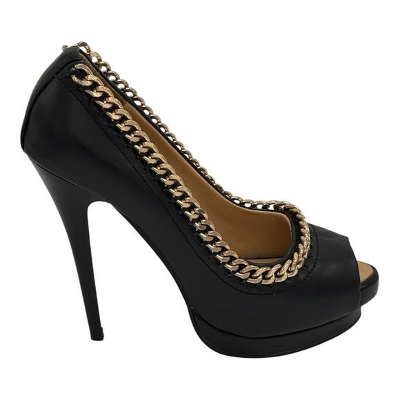 Giuseppe Zanotti Black Leather Peep Toe Heels Gold Chain Detail Size 6.5 - Picture 6 of 13